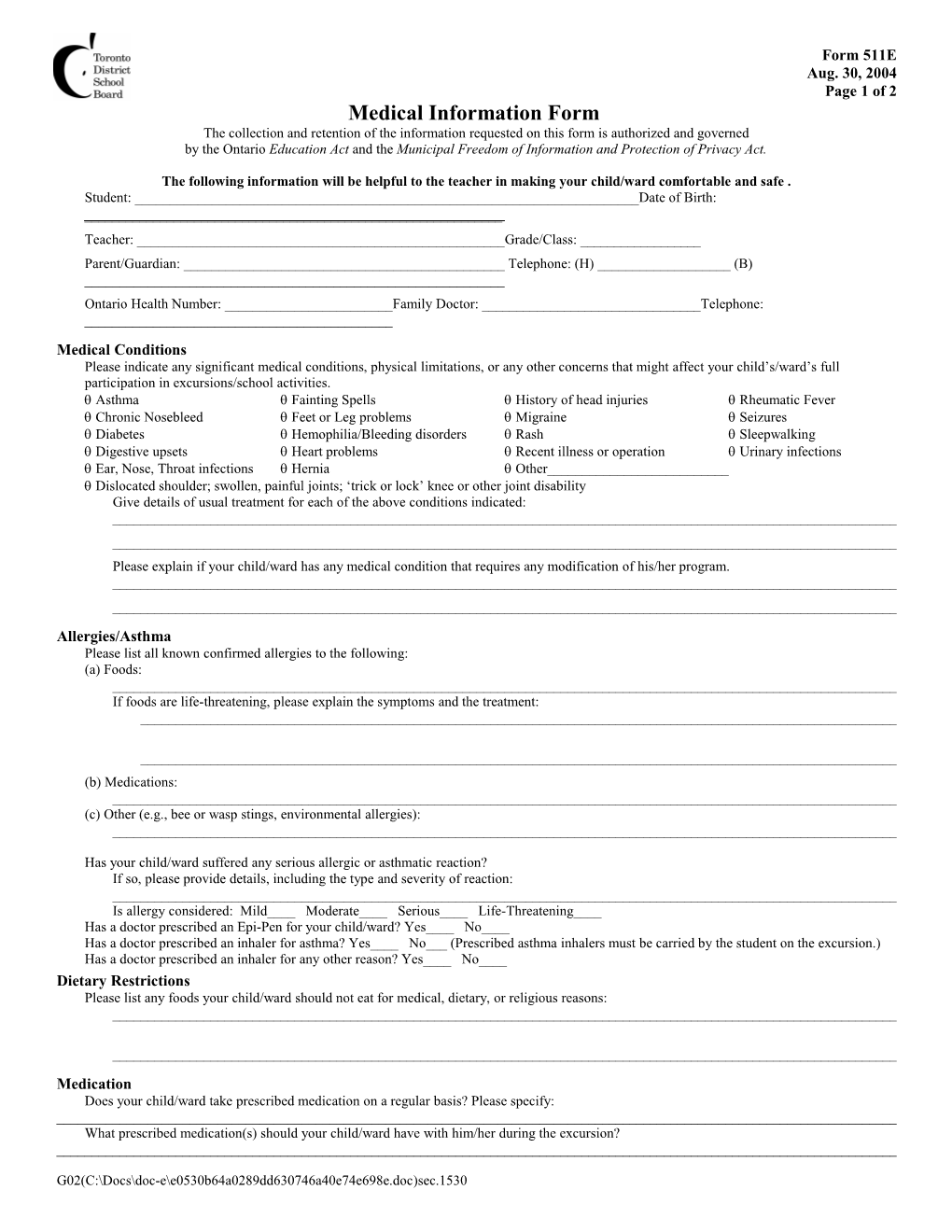 Form 511E: Medical Information for Excursions