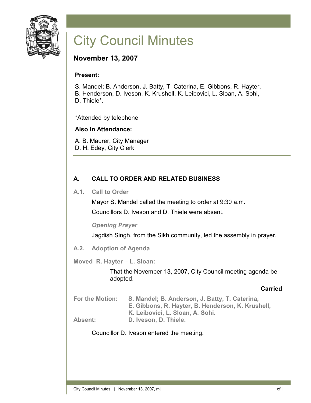 Minutes for City Council November 13, 2007 Meeting