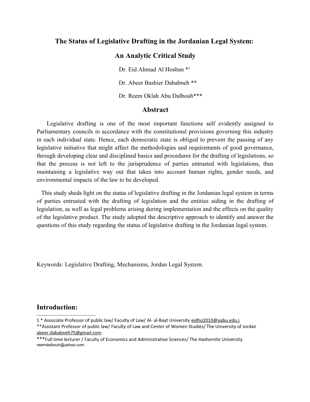 The Status of Legislative Drafting in the Jordanian Legal System