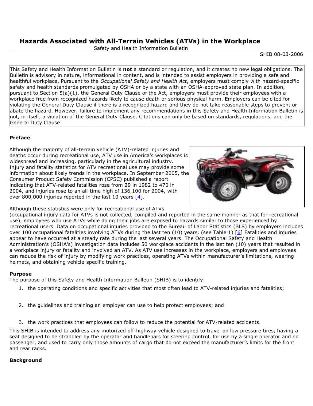 Hazards Associated with All-Terrain Vehicles (Atvs) in the Workplace