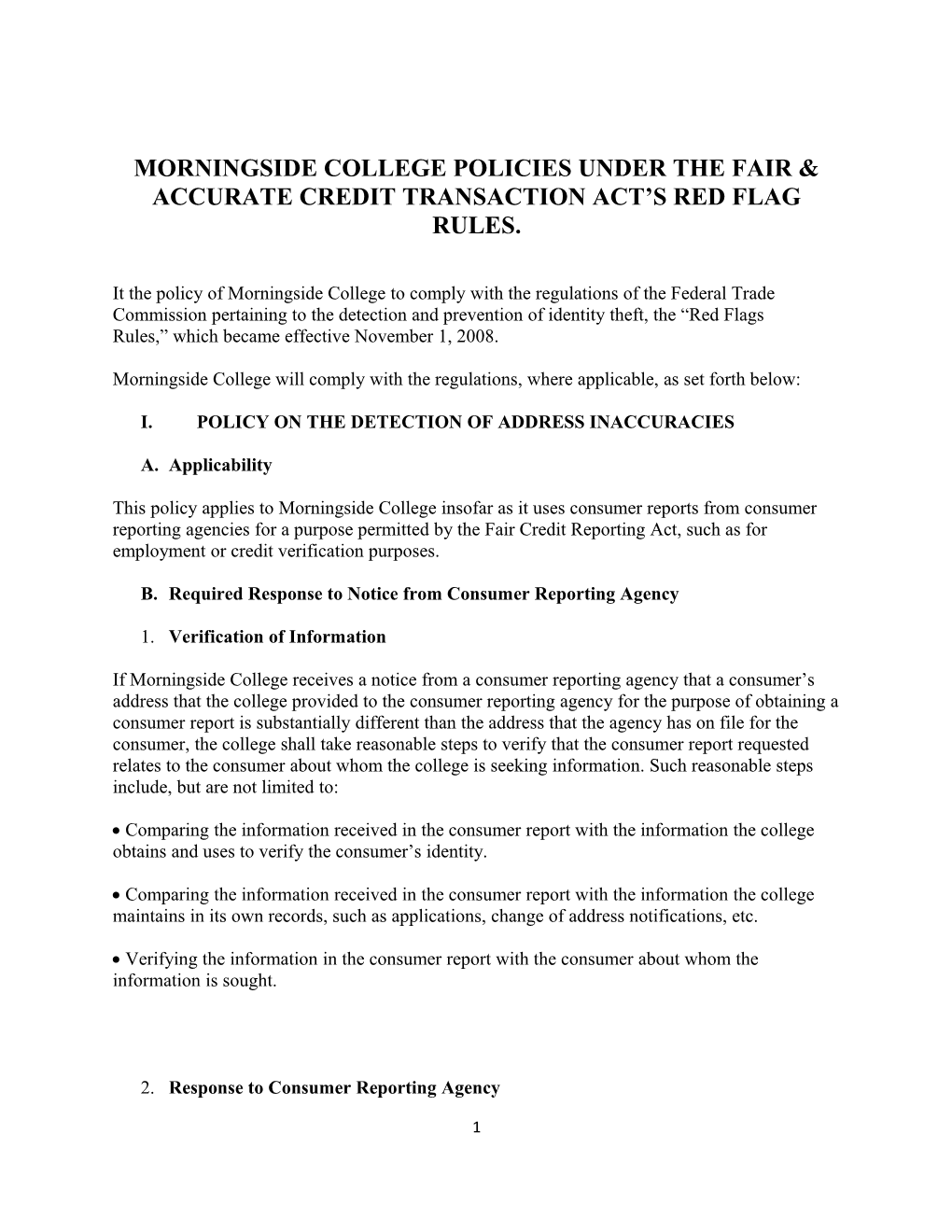 Morningside College Policies Under the Fair & Accurate Credittransaction Act S Red Flag Rules