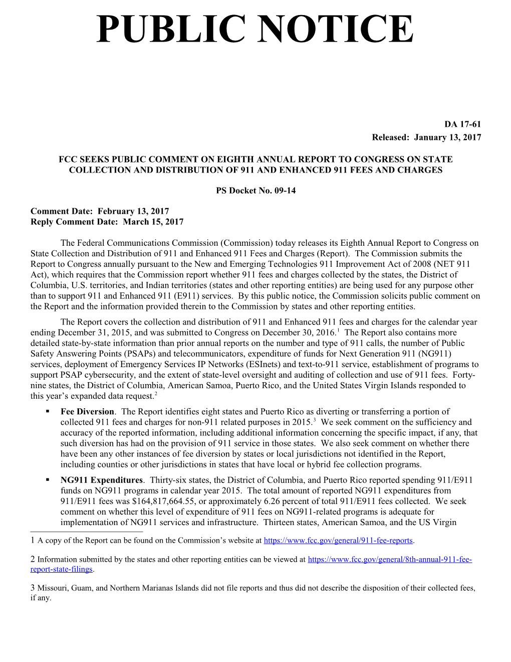 Fcc Seeks Public Comment on Eighth Annual Report to Congress on State Collection And