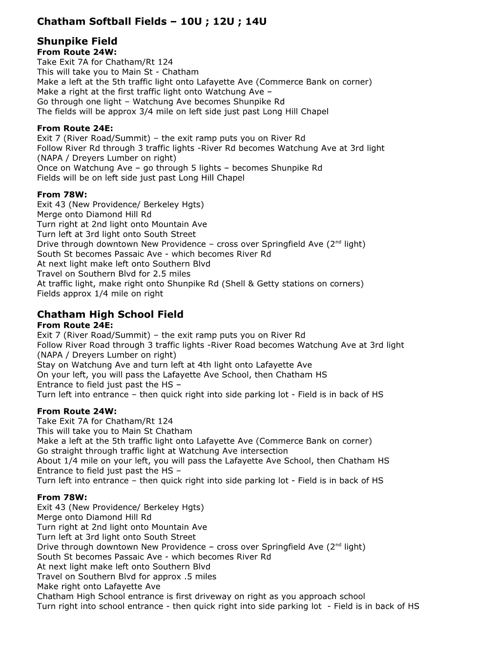 Chatham Softball Field Directions