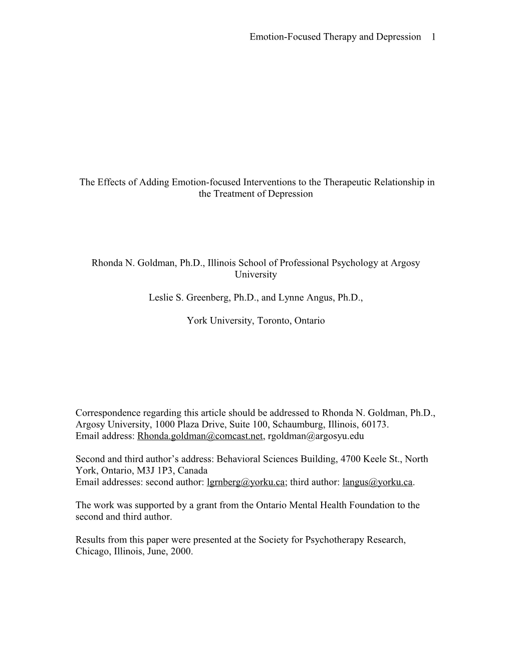 Emotion-Focused Therapy and Depression