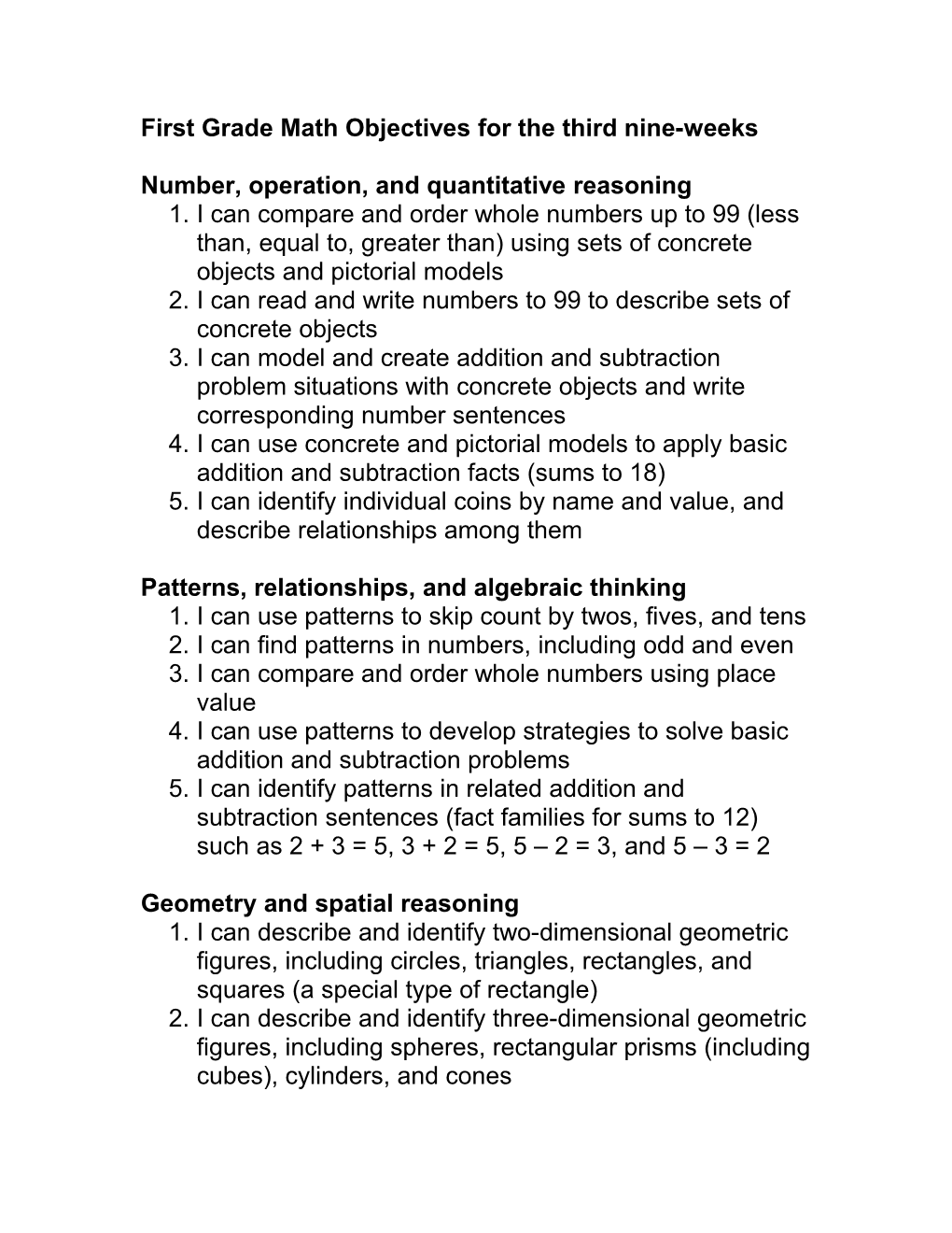 Student S Math Objectives for the Second Nine-Weeks