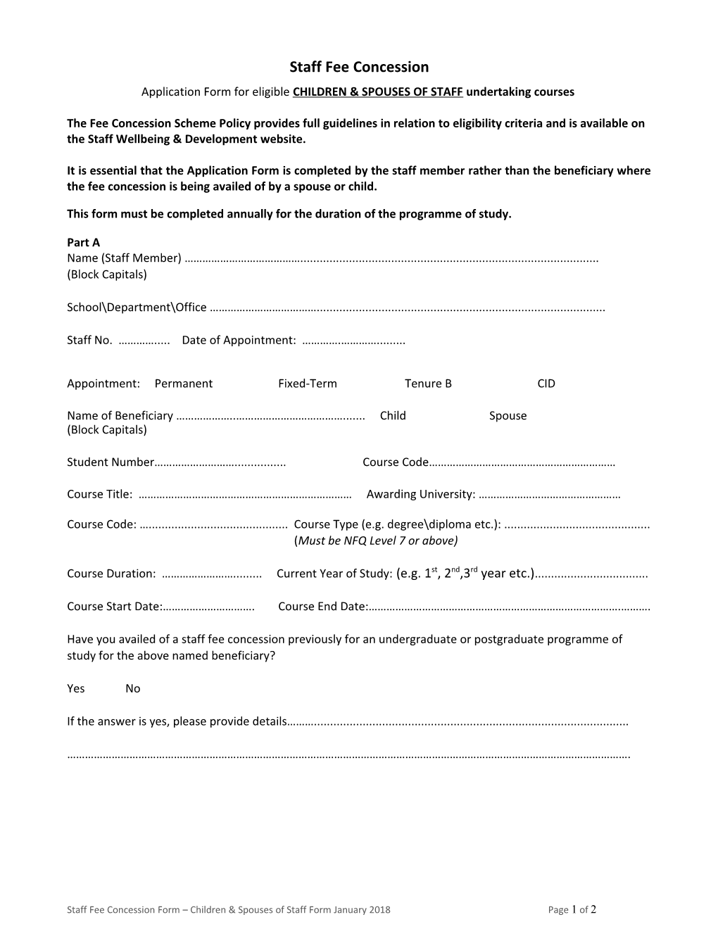 Application Form for Eligible CHILDREN & SPOUSES of STAFF Undertaking Courses