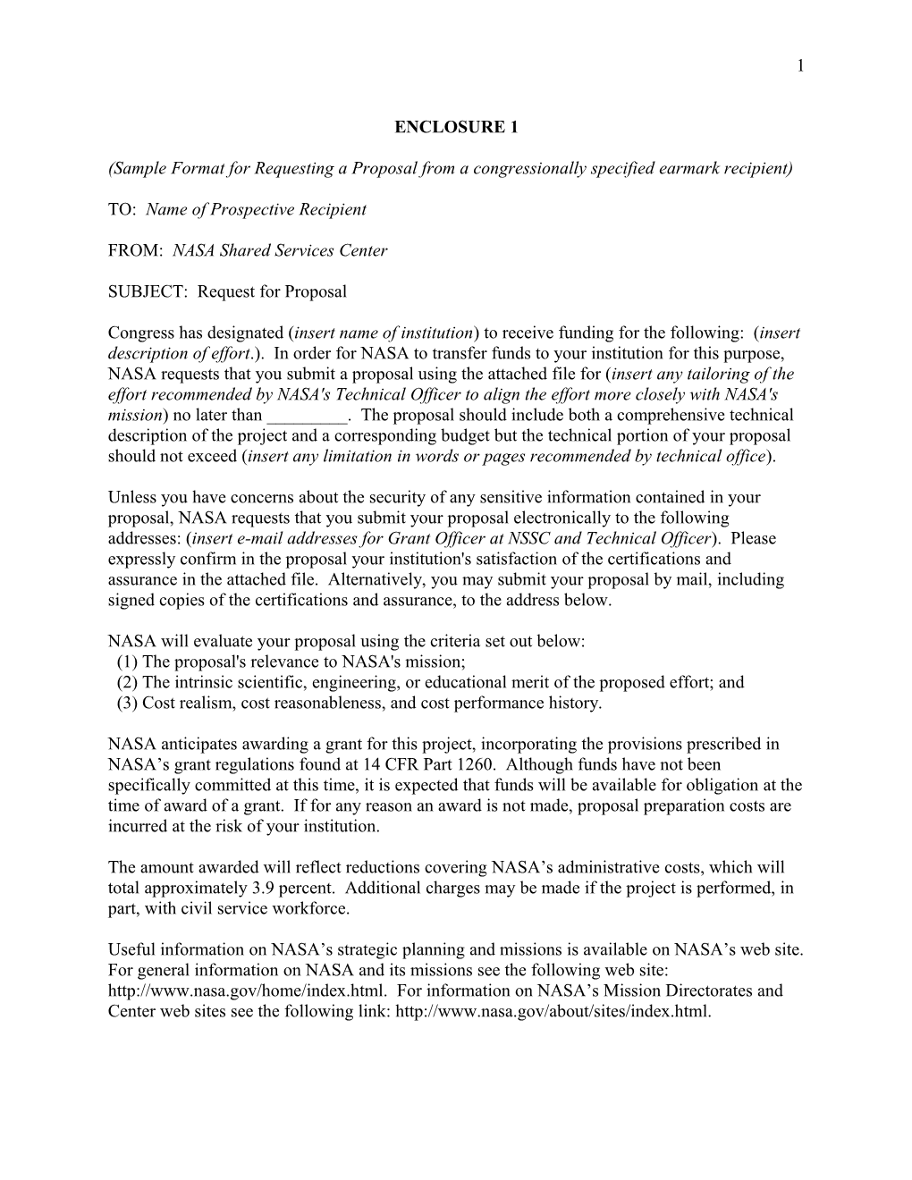 Sample Format for Requesting a Proposal from a Congressionally Specified Earmark Recipient