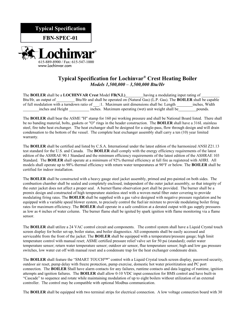 Typicalspecificationfor Lochinvar Crestheating Boiler