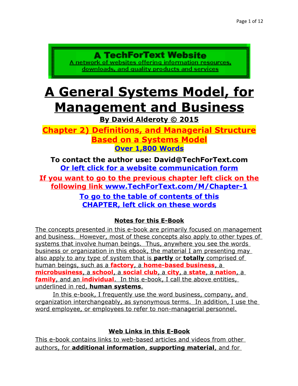Definitions, and Managerial Structure Based on a Systems Model