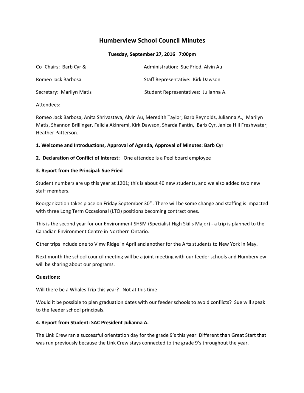 Humberview School Council Minutes