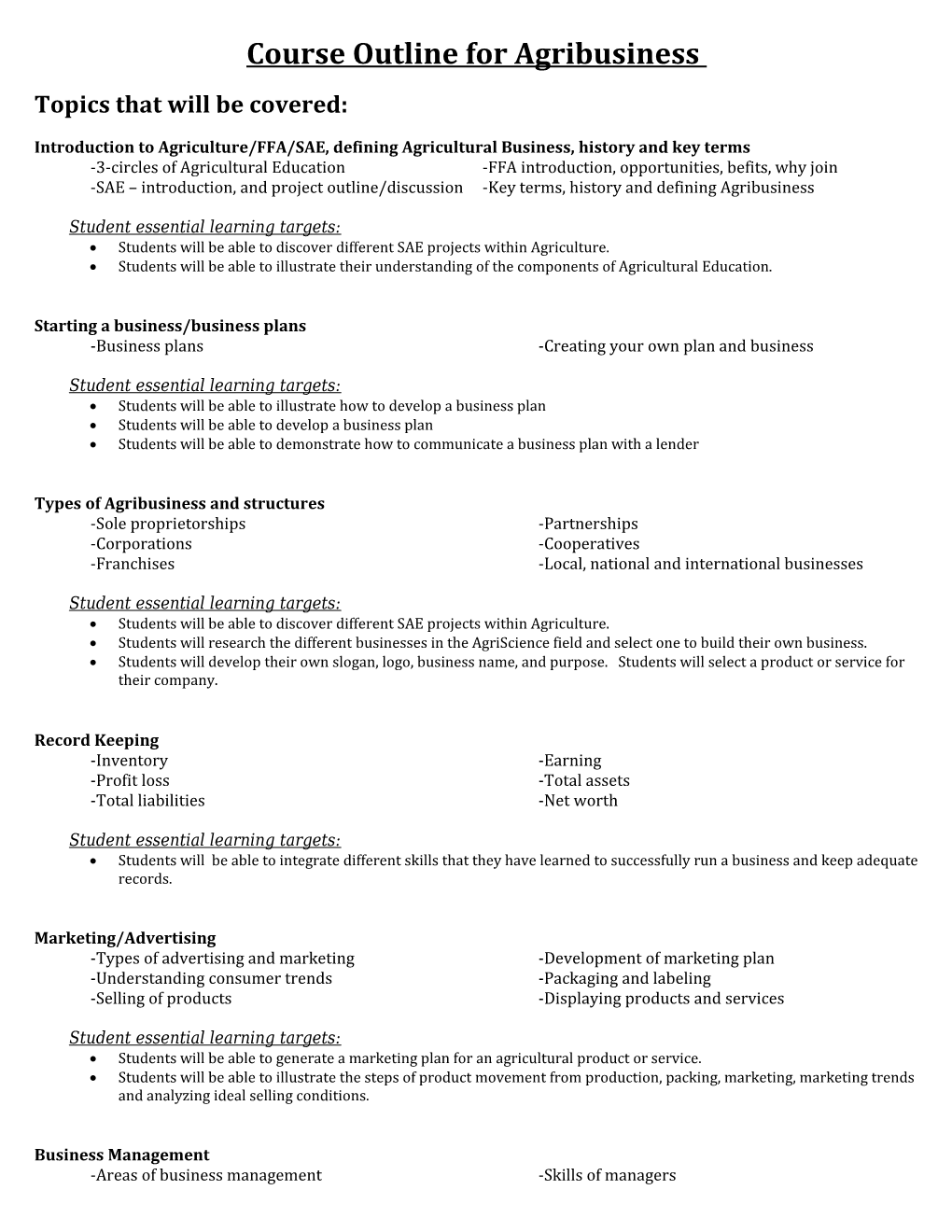 Course Outline for Agribusiness