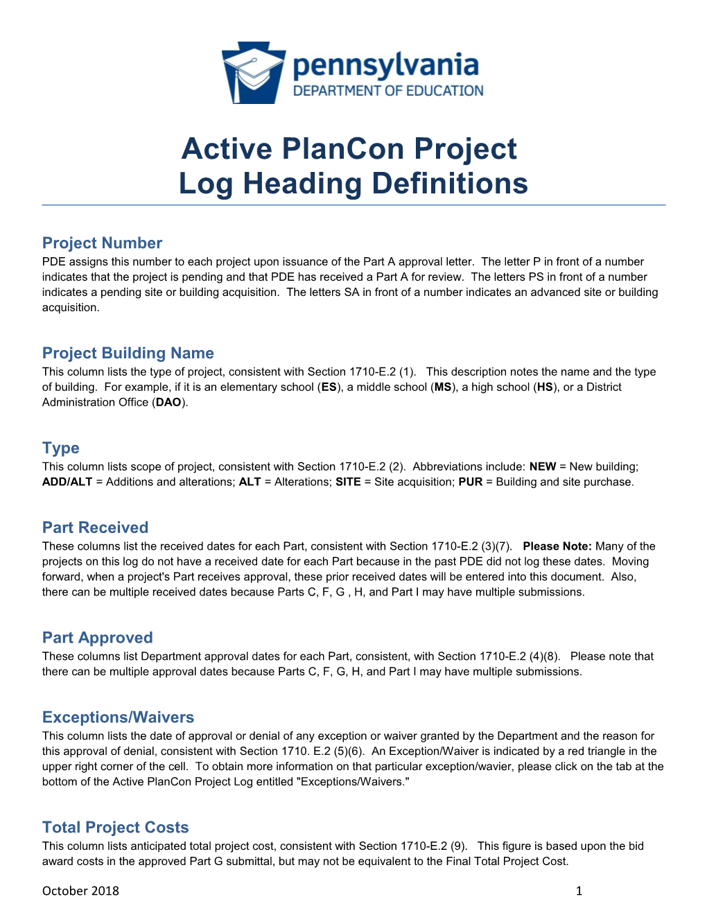 Active Plancon Project Log Heading Definitions