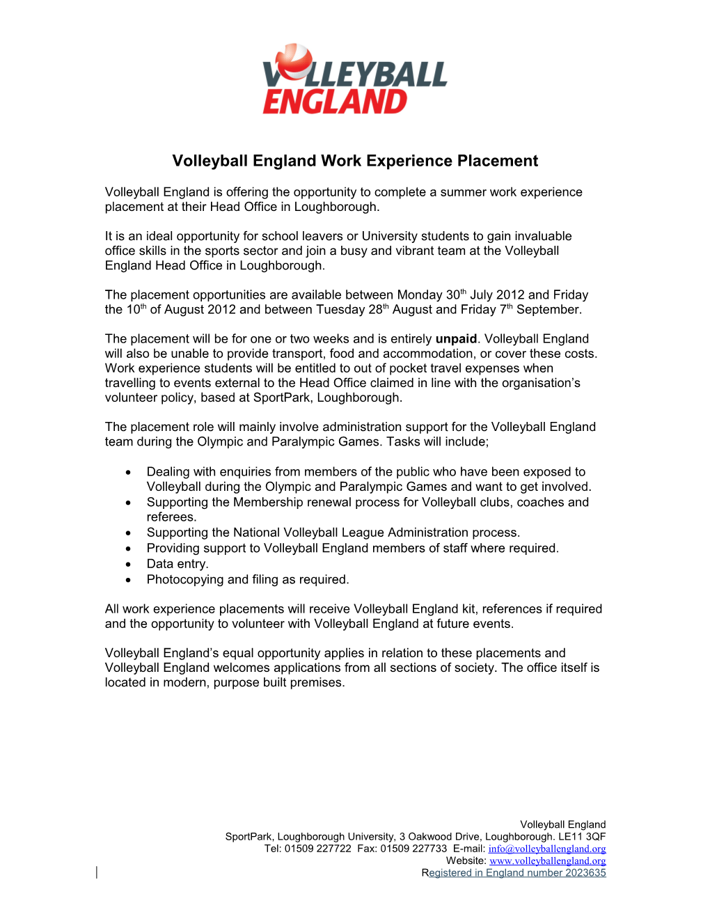 Volleyball England Work Experience Placement