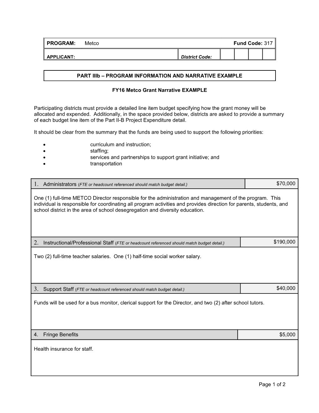 FY2016 Fund Code 317 METCO Part Iiib Narrative Example