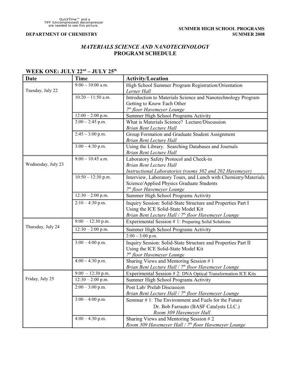 Program Schedule and Assignments