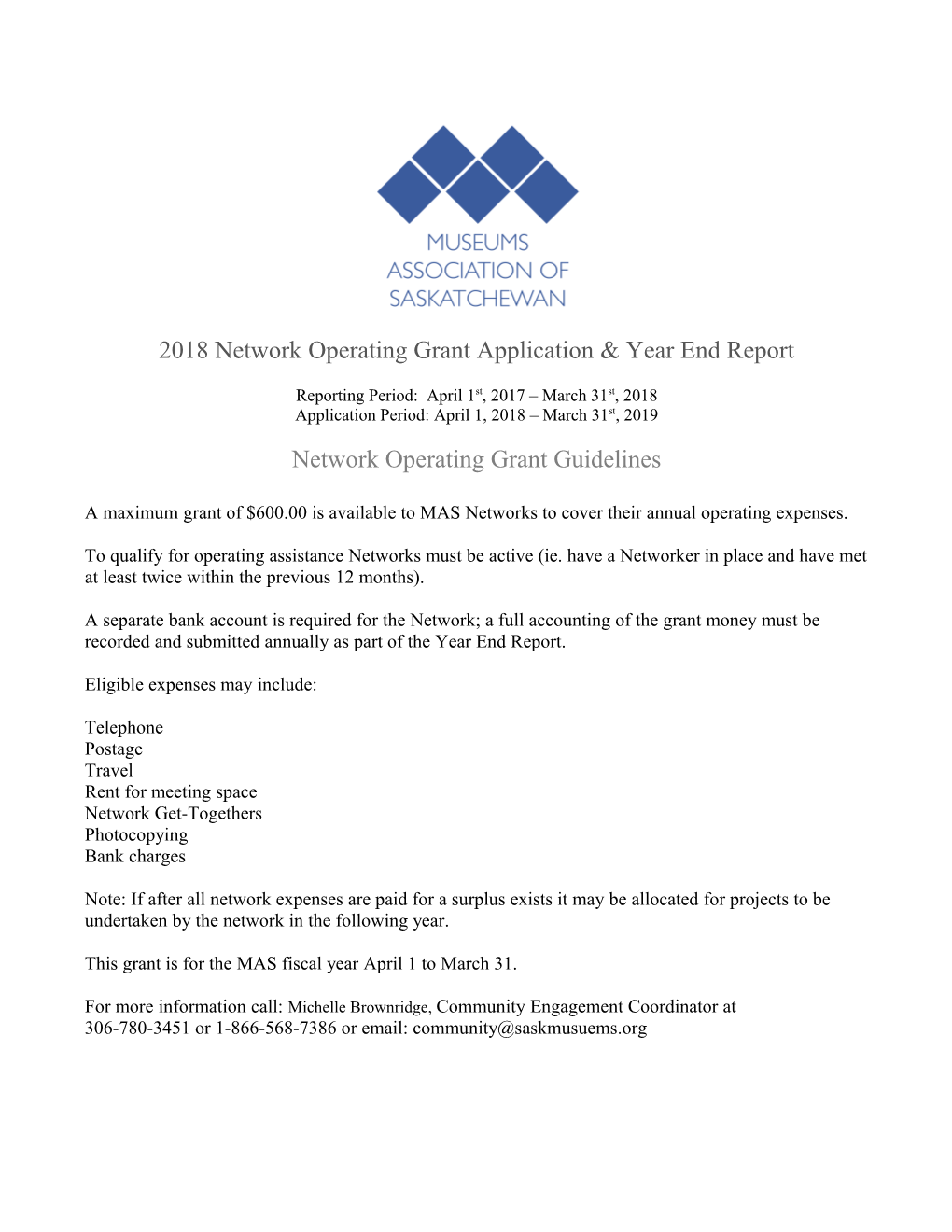 2018 Network Operating Grant Application & Year End Report