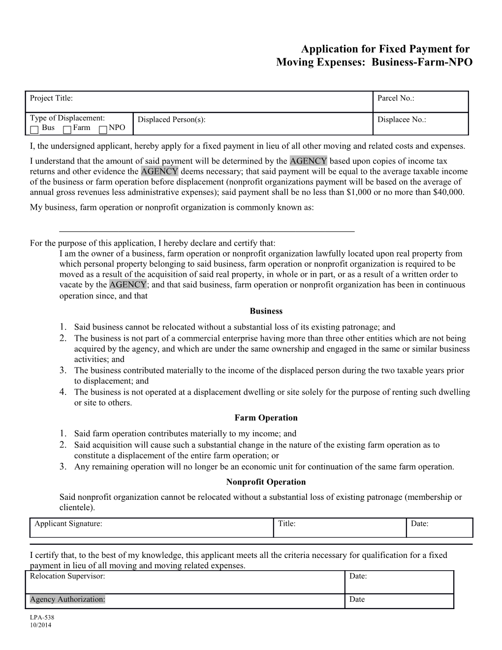 RES 538 Application for Fixed Payment