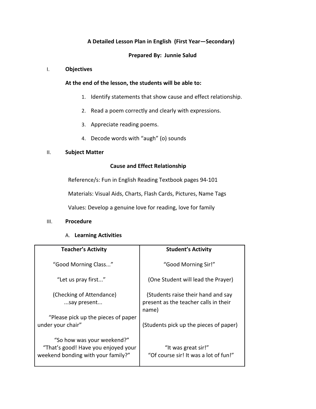 A Detailed Lesson Plan in English (First Year Secondary)