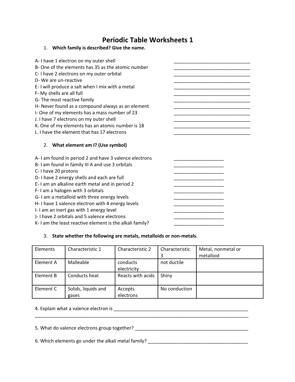 Periodic Table Worksheets 1