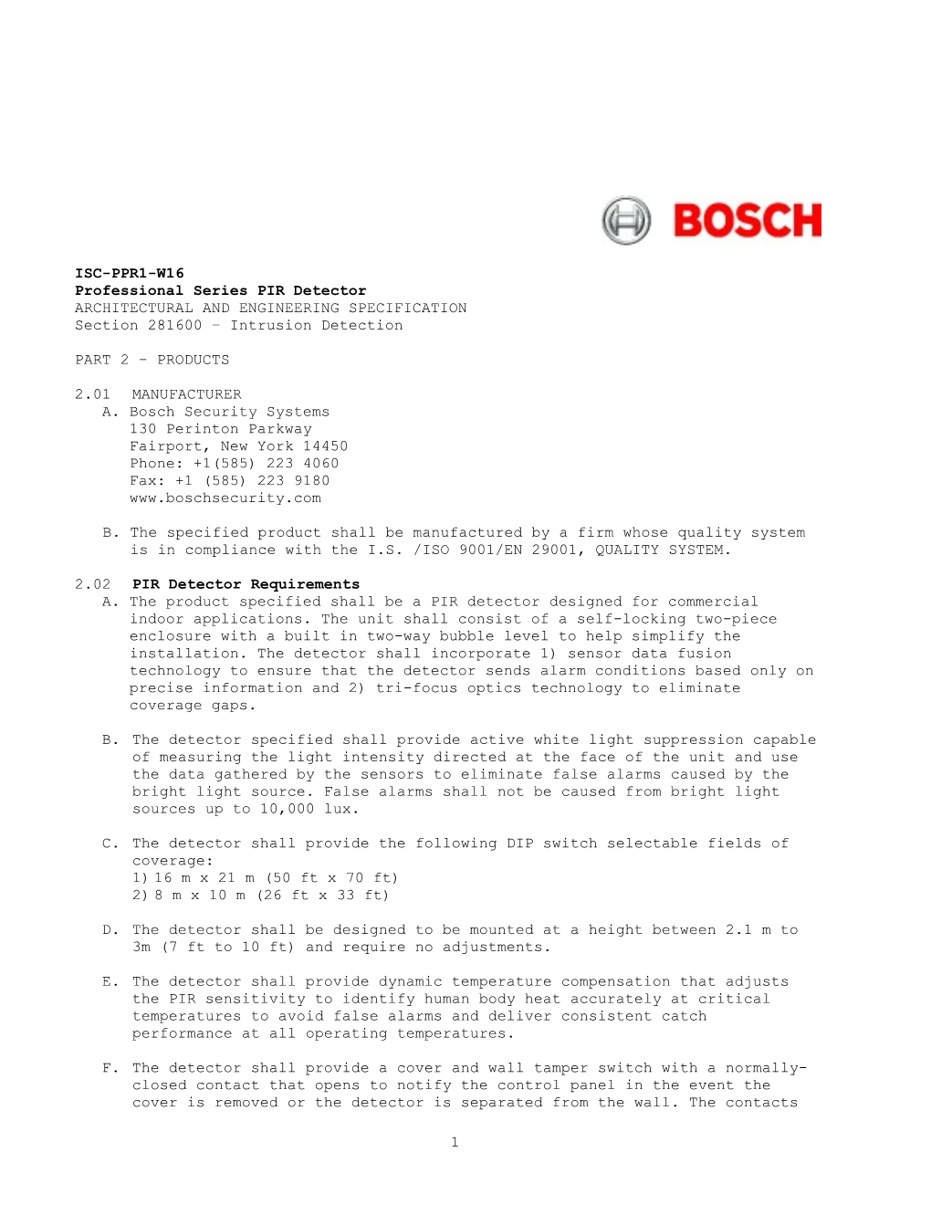 Professional Series PIR Detector ARCHITECTURAL and ENGINEERING SPECIFICATION