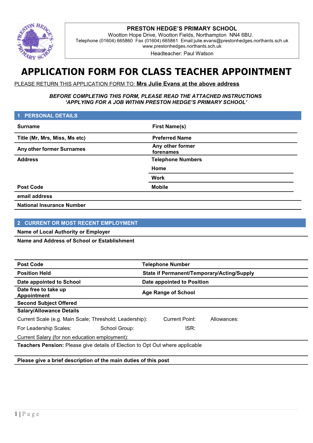 Application Form for Class Teacher Appointment