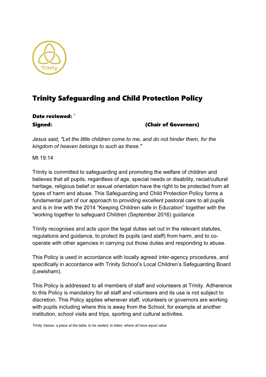 Trinity Safeguarding and Child Protection Policy
