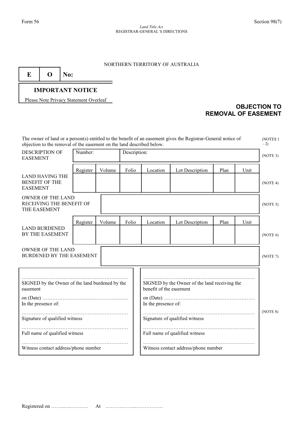 Form No. 56 - Objection to Removal of Easement