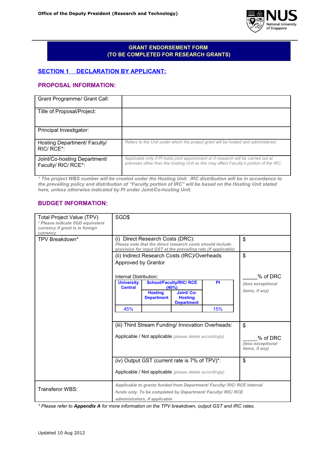 Grant Endorsement Form - for All Research Projects