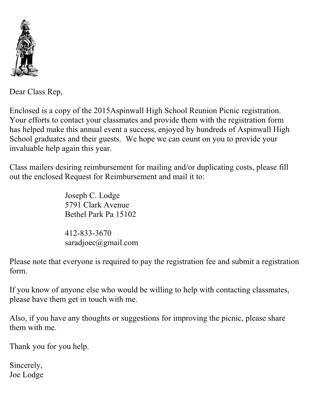 Enclosed Is a Copy of the 2015Aspinwall High School Reunion Picnic Registration