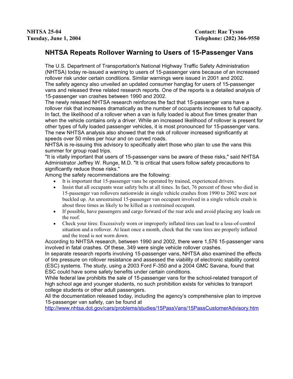 NHTSA Repeats Rollover Warning to Users of 15-Passenger Vans