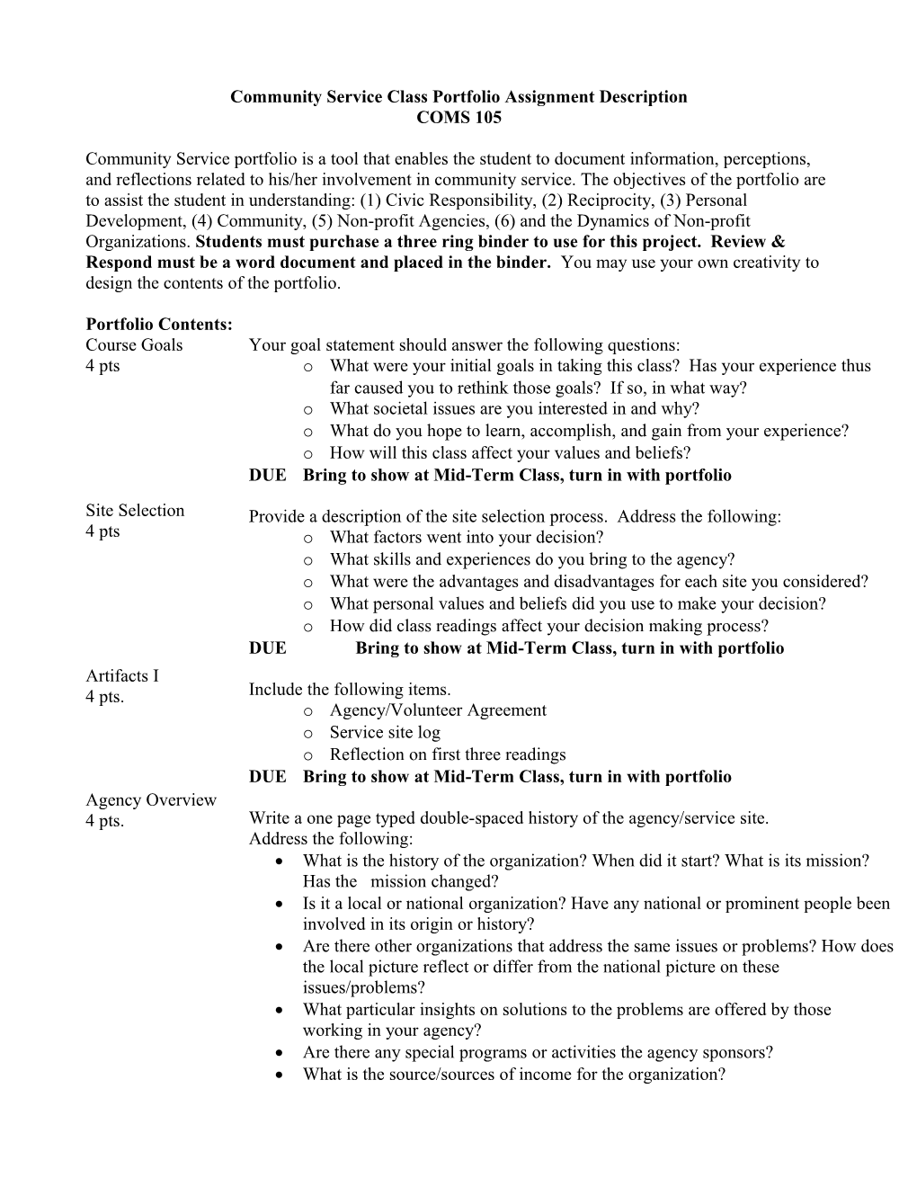 Community Service Class Portfolio Assignment Description