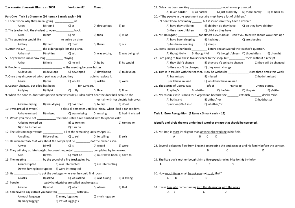 Part One : Task 1 : Grammar (26 Items X 1 Mark Each = 26)