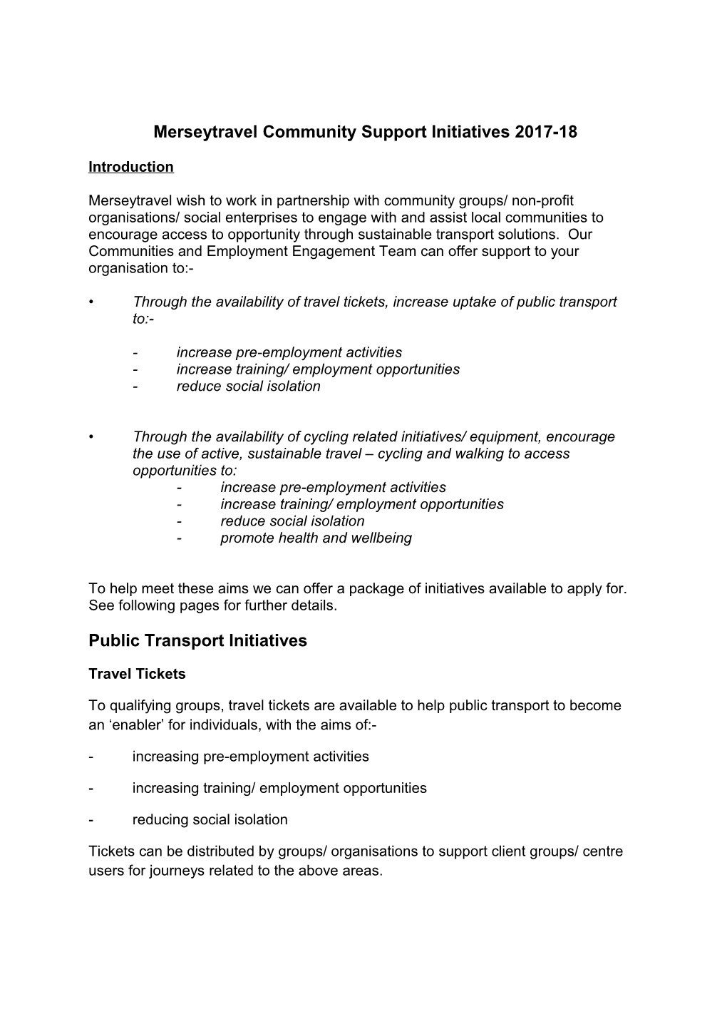 Merseytravel Community Support Initiatives 2017-18