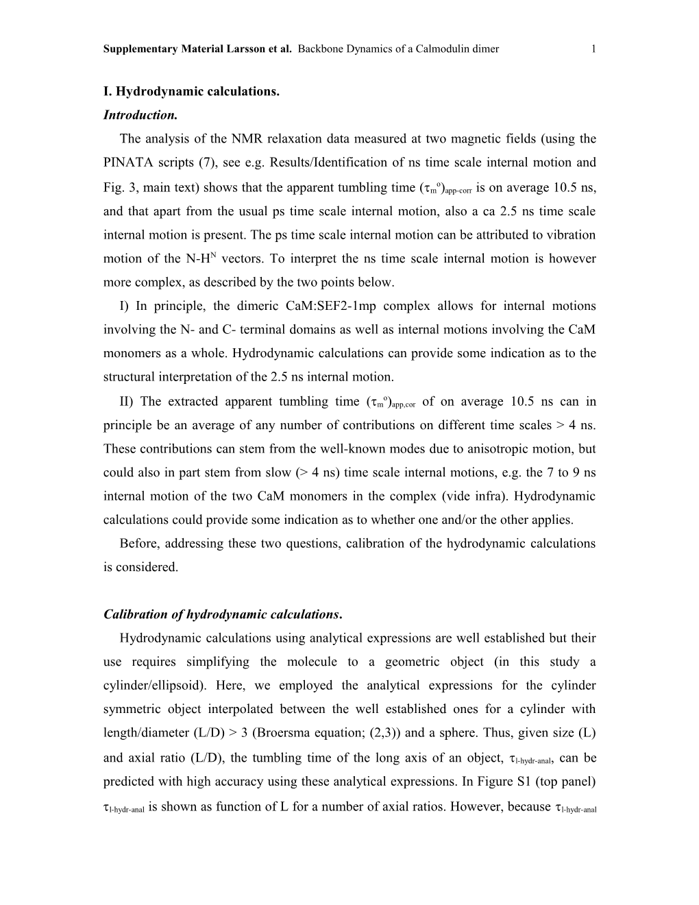 Supplementary Material Larsson Et Al. Backbone Dynamics of a Calmodulin Dimer