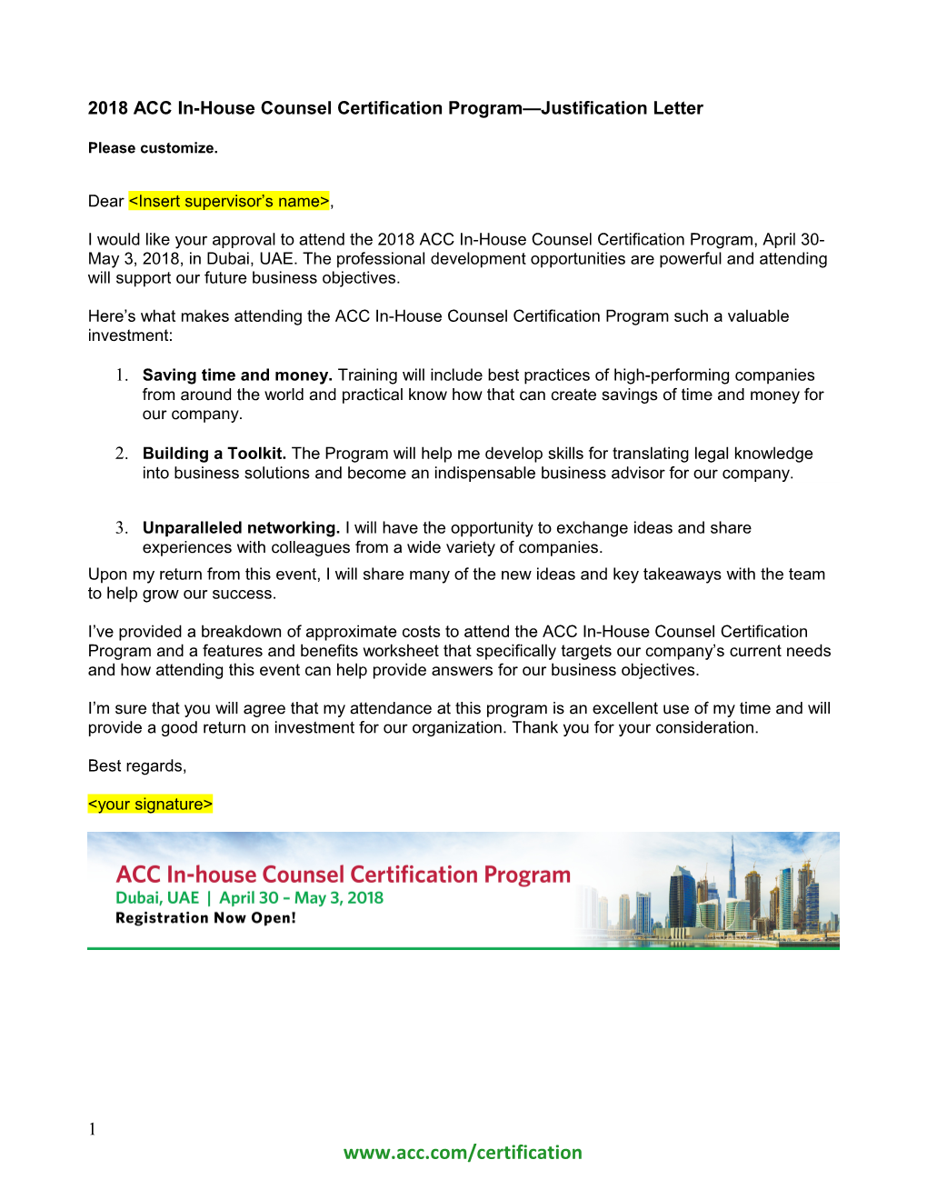 2018 ACC In-House Counsel Certification Program Justification Letter