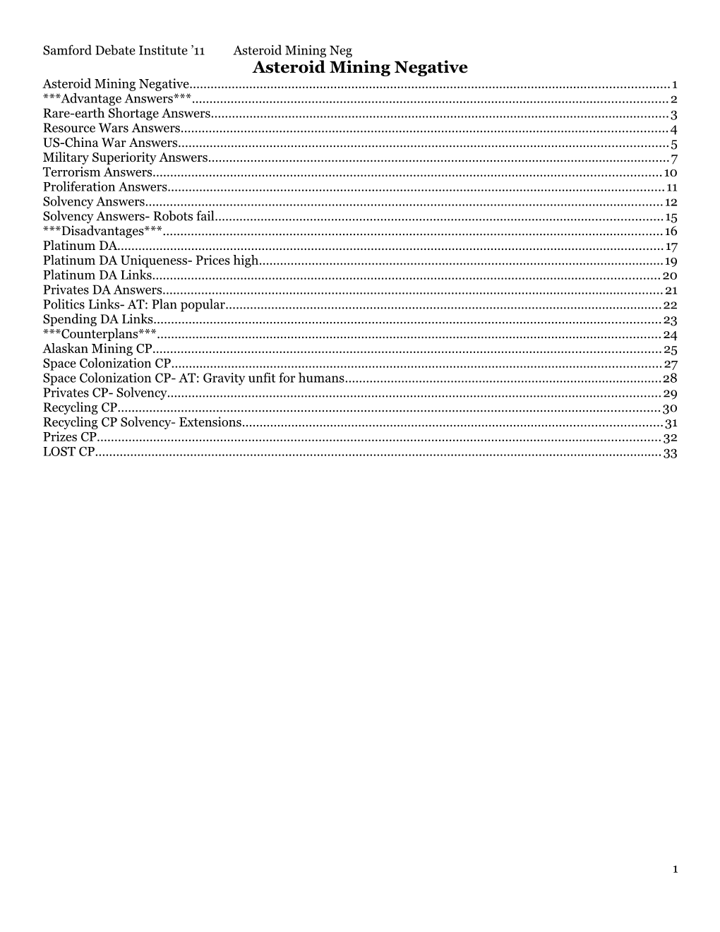 Samford Debate Institute 11Asteroid Mining Neg