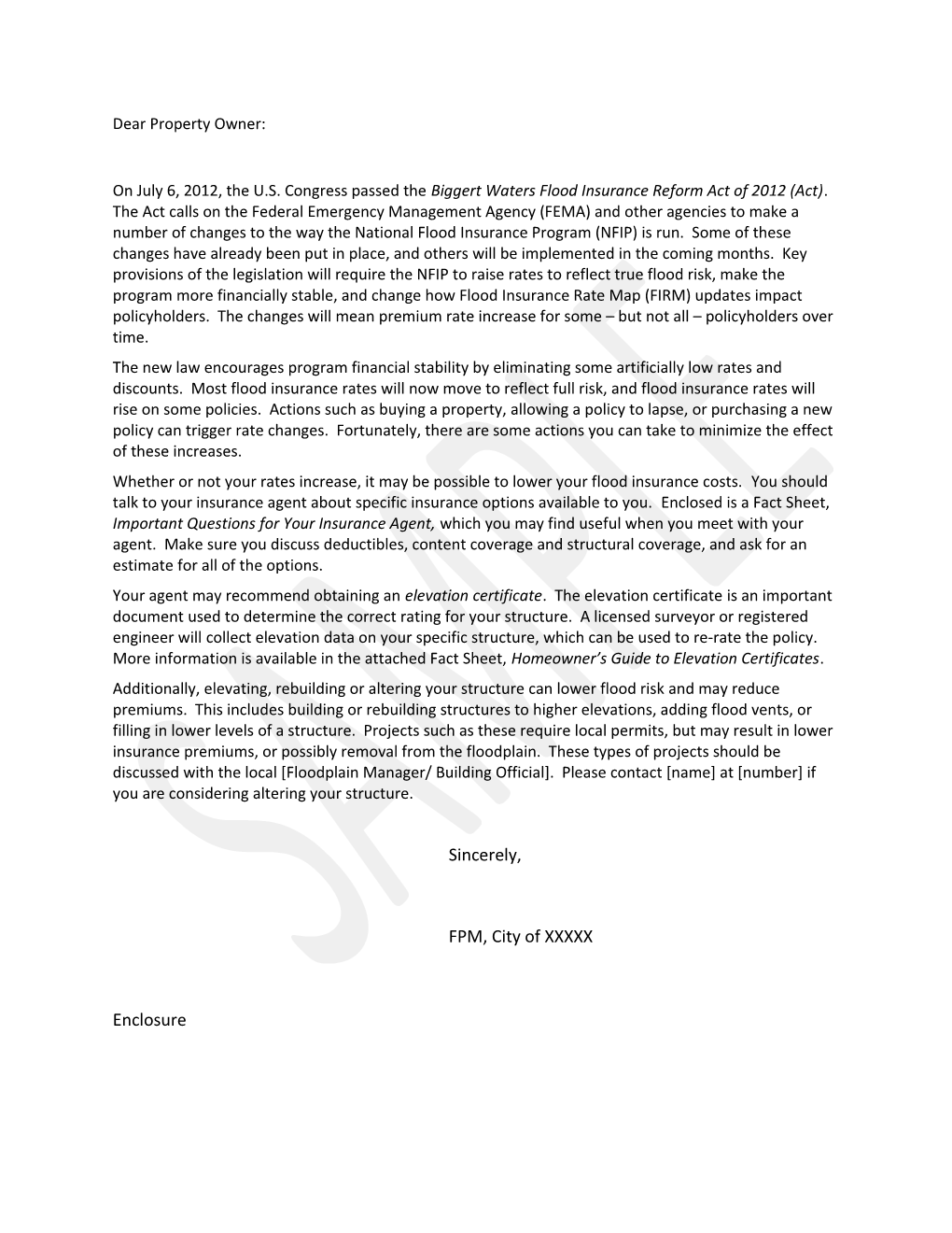 Biggert Waters Letter from Communities to Constituents - Sample