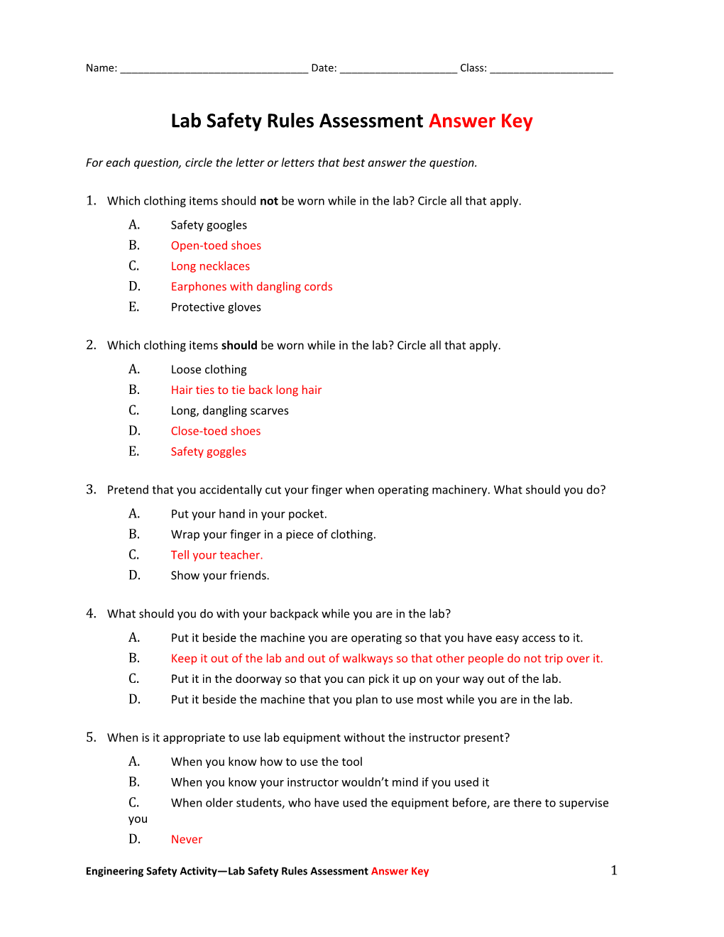 Lab Safety Rulesassessmentanswer Key