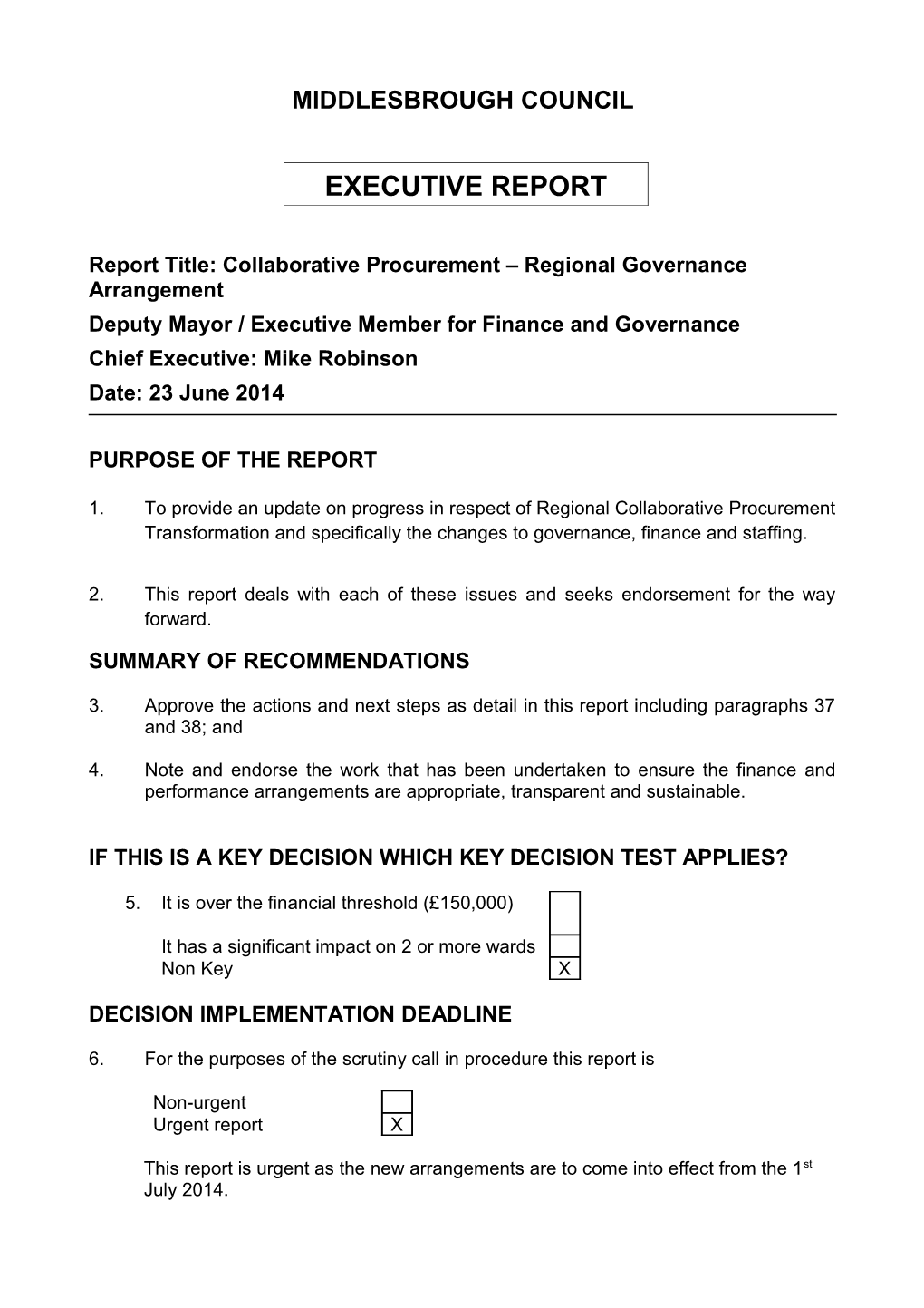 Report Title: Collaborative Procurement Regional Governance Arrangement