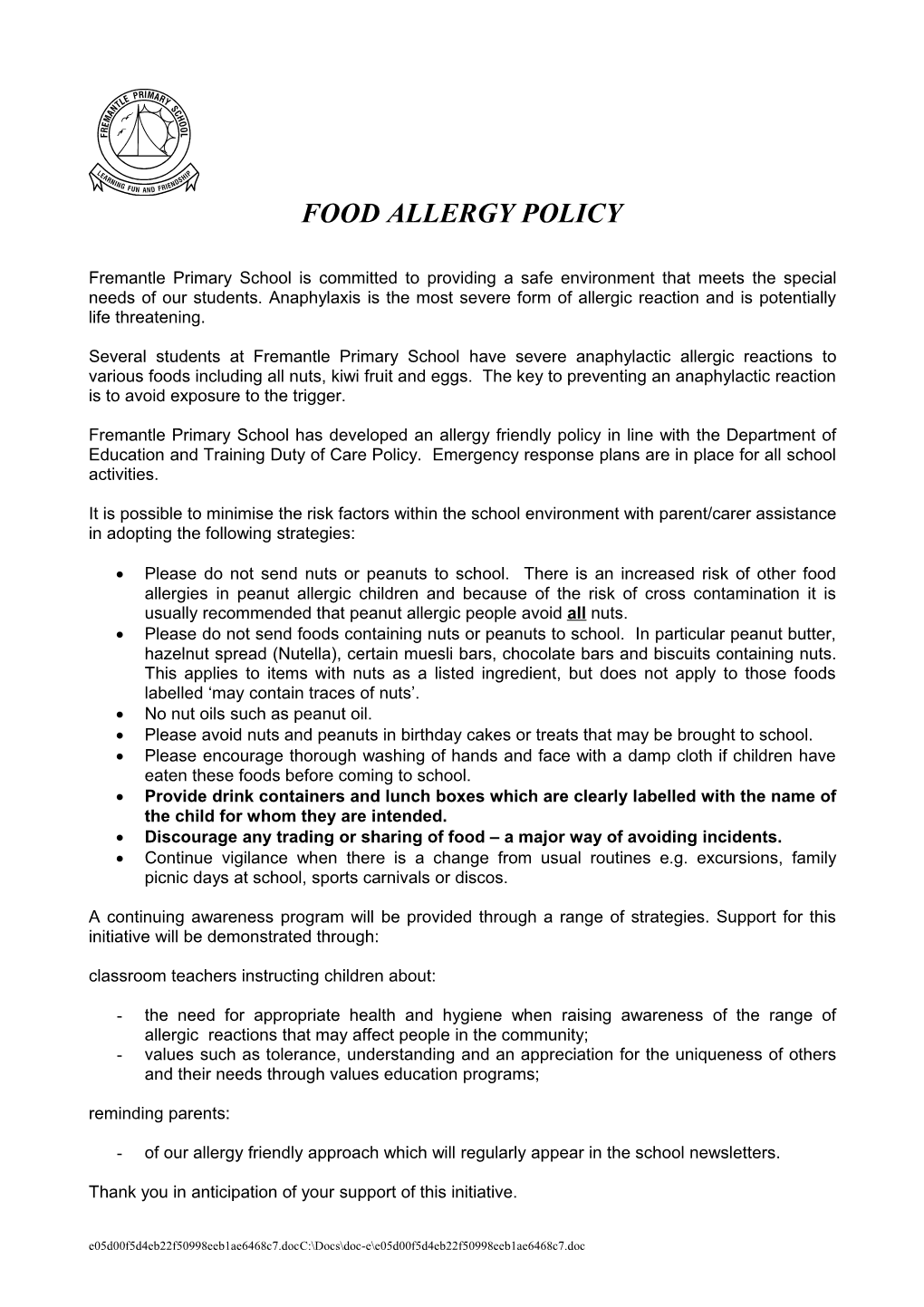 Food Allergy Policy
