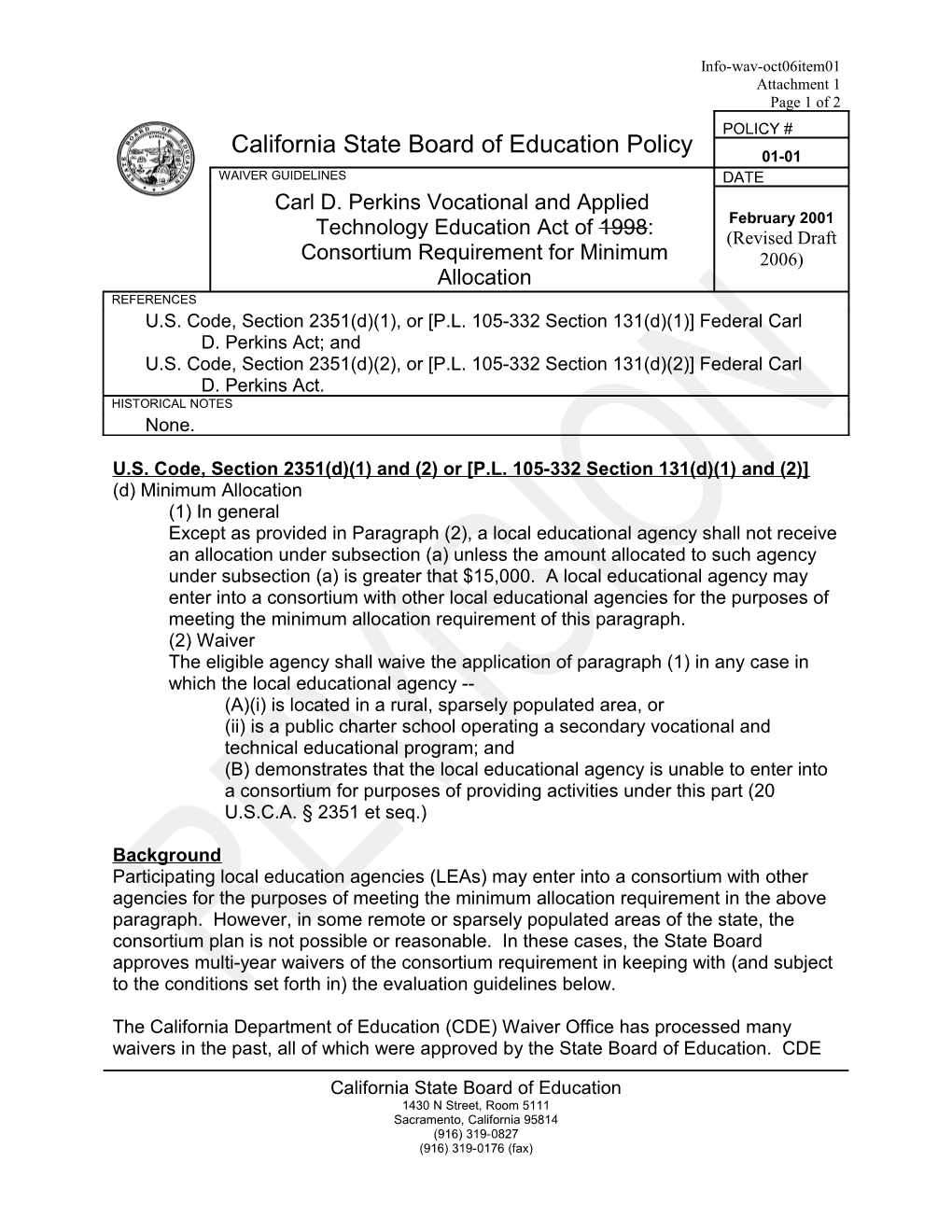 Carl Perkins Waiver Policy - Information Memorandum (CA State Board of Education)