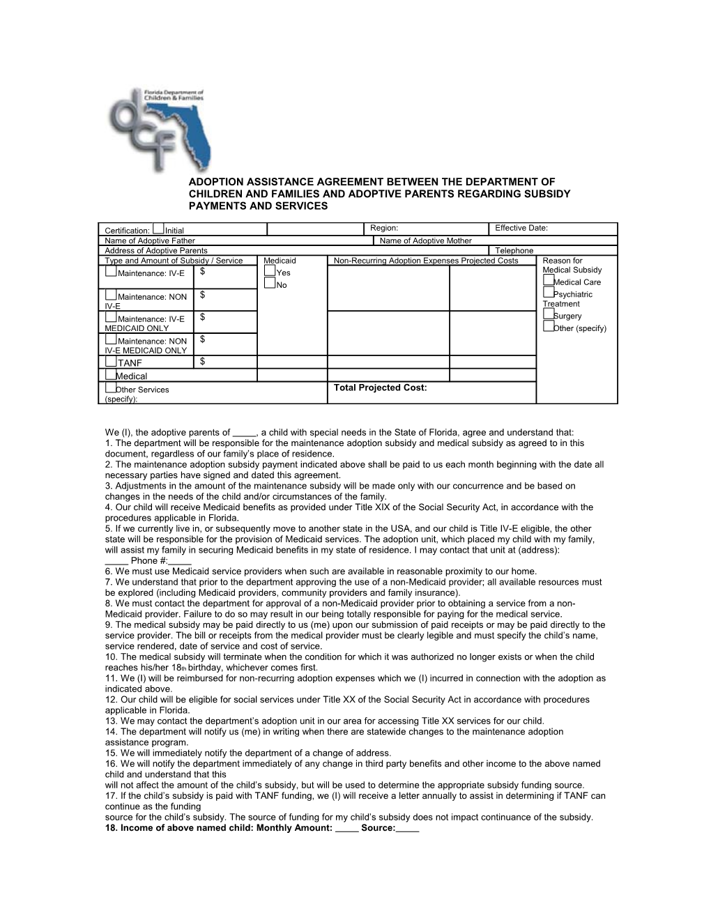 Adoption Assistance Agreement Between the Department Ofchildren and Families and Adoptive