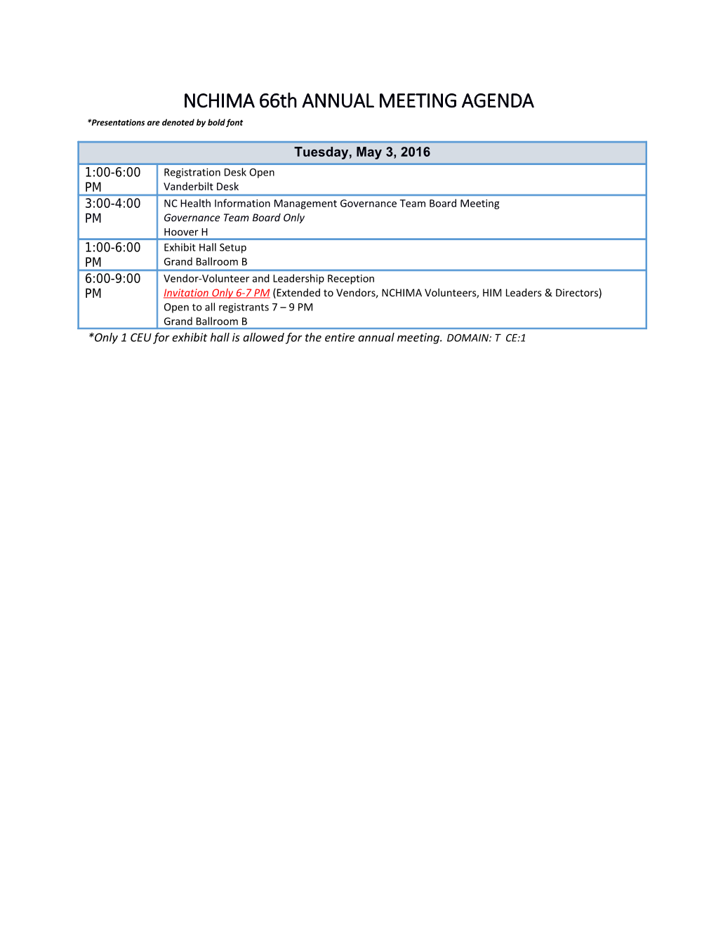 NCHIMA 66Th ANNUAL MEETING AGENDA