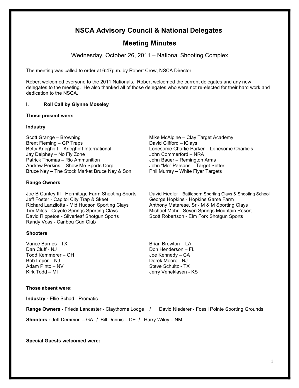 2011 Nationals Advisory Council Meeting Minutes