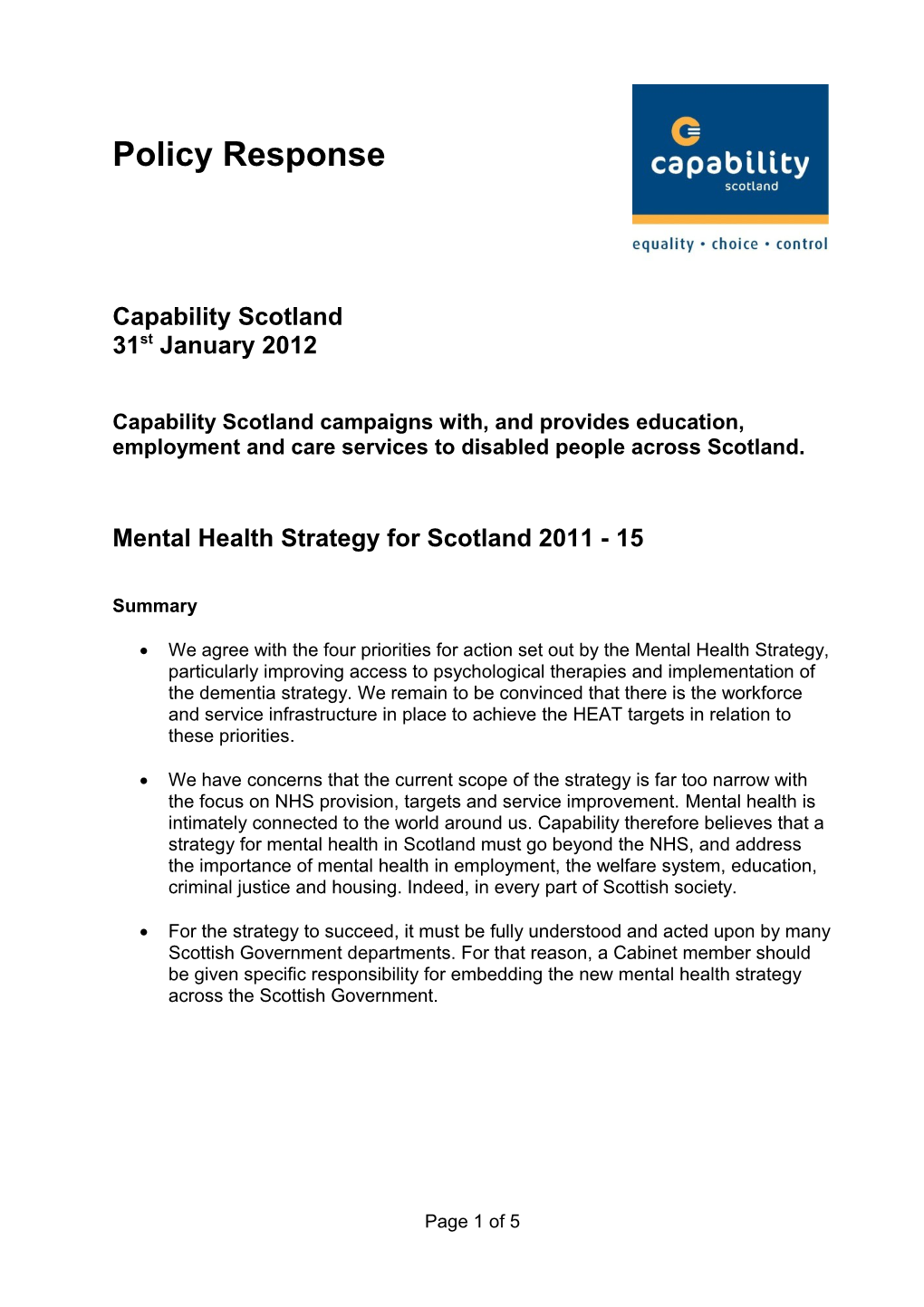 Mental Health Strategy for Scotland 2011 - 15