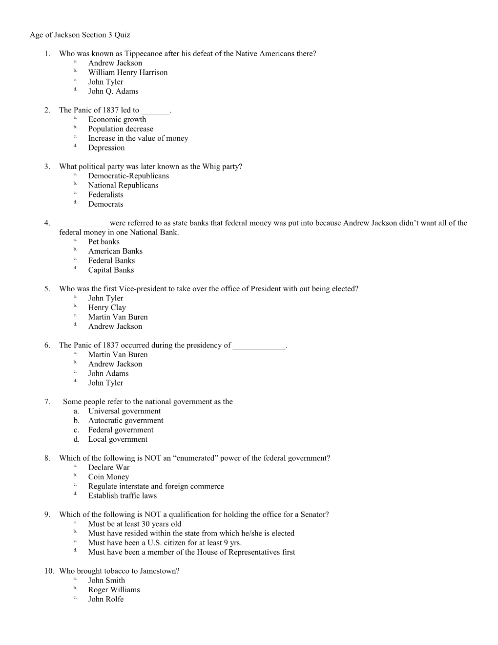 Age of Jackson Section 3 Quiz