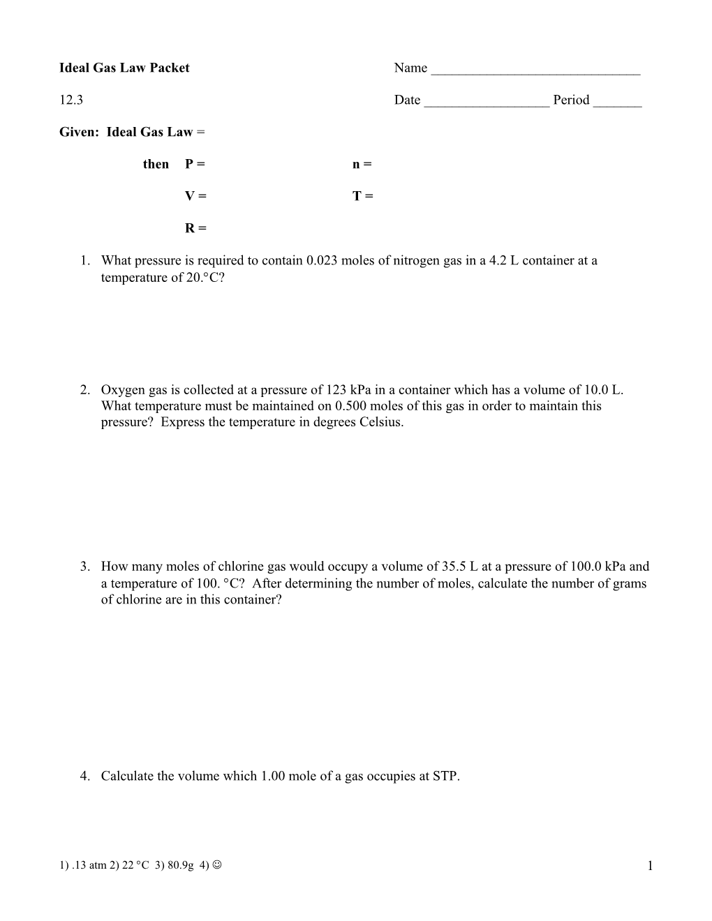 Ideal Gas Law Worksheet