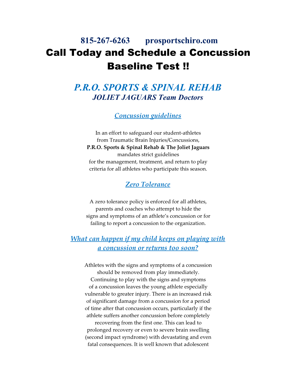 Call Today and Schedule a Concussion Baseline Test