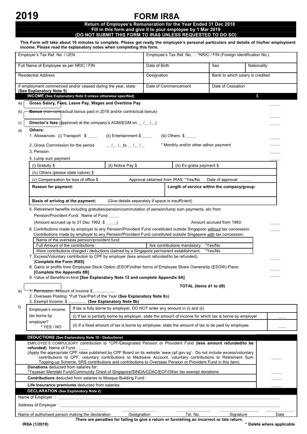 Return of Employee S Remuneration for the Year Ended 31 Dec 2018