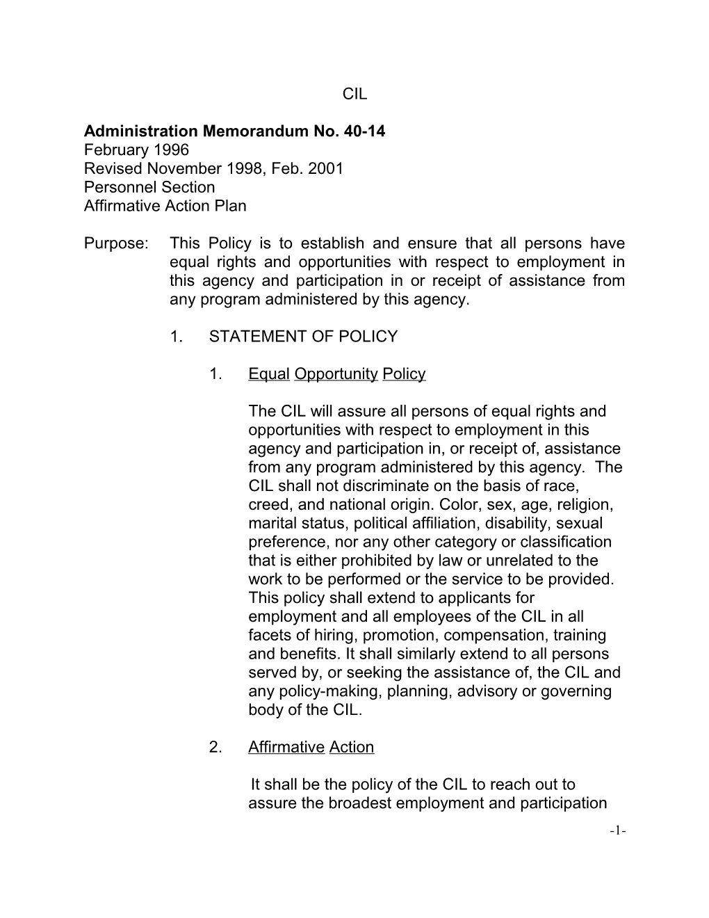 Administration Memorandum No. 40-14